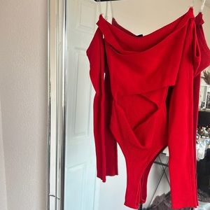Red over the shoulder bodysuit with cut outs